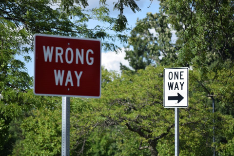 The photograph shows two street signs. The first streetsign is in the image's centre and says 'wrong way'. In the background one can spot another sign saying 'one way'